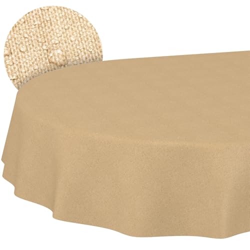 ANRO Washable Tablecloth Beige Linen Look Oval 160 x 140 cm Table Linen - Garden tablecloth weatherproof - dirt and water resistant, easy to clean - washable at 30 ??C