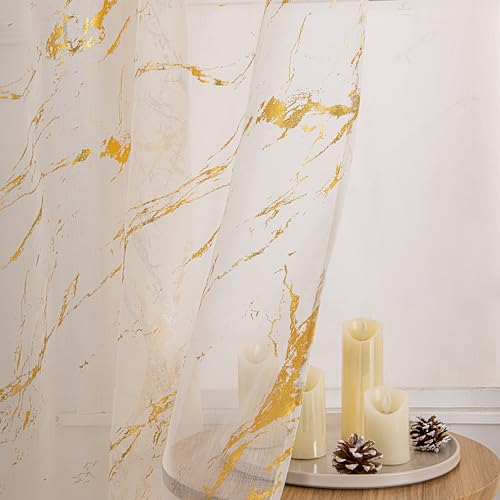 "Sutuo Home Cream Marble Sheer Curtains 63 Inch Length 2 Panels Set, Gold Print Metallic Bronzing, Privacy Window Treatment Abstract Drape Pair for Bedroom Christmas Decor 52"" W x 63"" L"