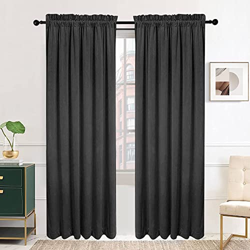 SMILETIME Dark Grey 63in Long Velvet Curtains with Rod Pocket Thermal Insulated Soft Privacy Light-Filtering Velvet Drapes for Bedroom and Living Room, Set of 2 Panels, 52 x 63 Inches Long