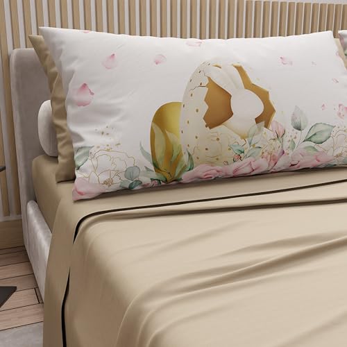 PETTI Artigiani Italiani - Easter Cotton Sheets with Pillowcases in Digital Print, Double Bedsheets, Easter Double Bed Set, 12 Beige, Made in Italy