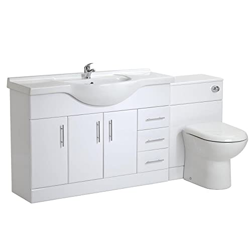 VeeBath Linx 1800 Vanity Unit Furniture Set, Wash Basin Bathroom Sink, WC, BTW Toilet Pan, Soft Close Toilet Seat, Concealed Cistern-White (Flat Pack)
