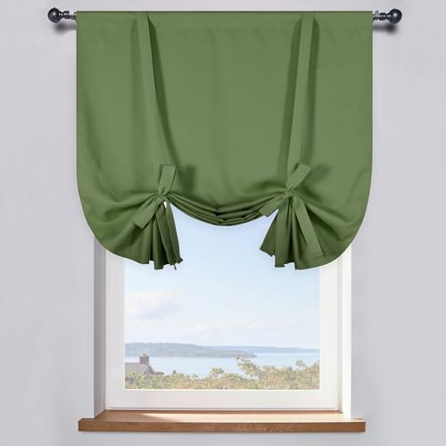 DONREN Solid Blackout Curtain Energy Efficient Rod Pocket Panel for Kitchen Sage Tie Up Shade for Small Window (34 inches W x 45 inches L, Set of 1)