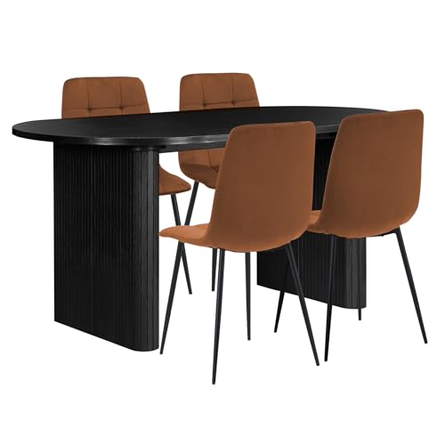 Birlea Axel Oval Fluted Dining Table Black With 4 Fabric Chairs Russet