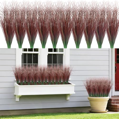 LUZOGA 120 Bundles Artificial Grass Plants Outdoor Tall Faux Shrubs Greenery Stems Fake Onion Grasses Wheat Grass UV Resistant Faux Bushes Plant for Garden Indoor Office Home Decor???Red???