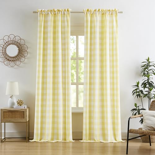 "Bapawfish 95 Inches Length Yellow White Buffalo Plaid Curtains,Semi Sheer Gingham Drapes,Farmhouse Bedroom Living Room Window Treatment,Rod Pocket,Yellow/White,40"" Wx95 L(Pack of 2)"