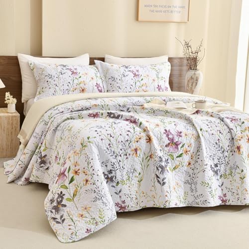 Lady Ann 100% Cotton Quilt Sets Queen, Yellow Flower Botanical Pattern Printed Quilted 102x118 Bedspread Set,Vintage Coverlet Ultra Soft Bedspread Set with Pillow Shams All Season,3 PCS