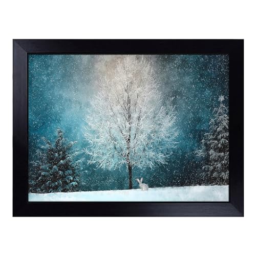 Lap Tray with Bean Bag Cushion, Hare In A Winter Forest Art - Handmade in the UK, Raised Wooden Edge, Padded Cushion, Heat-Resistant Wipe-Clean Surface, for Meals, Laptops and Crafts