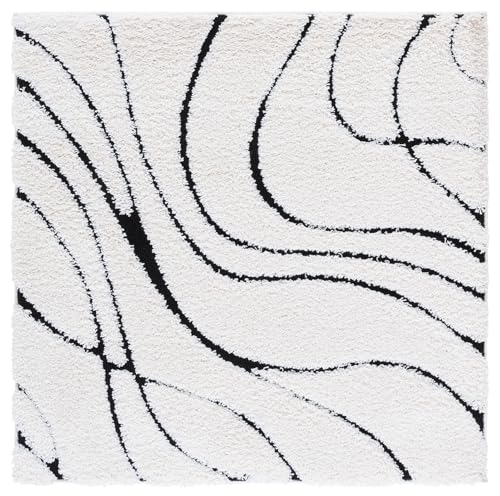 Safavieh Shag Rug for Living Room, Dining Room, Bedroom - Florida Shag Collection, High Pile, in Cream and Black, 152 X 152 cm