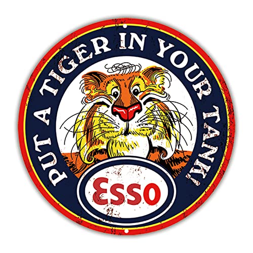 Reproduction Vintage Tin Signs, Gas Oil Car Metal Signs for Garage Man Cave Bar, Retro Wall Decor (Esso - Round)