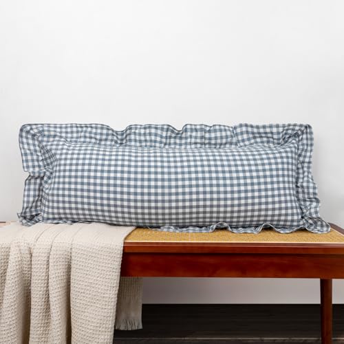 JoraLion 14x36 Ruffle Lumbar Pillow Covers, Smoke Blue Scalloped Cotton Plaid Gingham Ruffle Decor Pillowcase Farmhouse Soft Cushion Case for Couch Sofa Bed Living Room, Set of 1, Covers ONLY