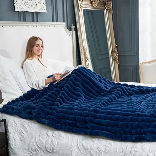 Cozy Bliss Faux Fur Throw Blanket for Couch, Cozy Warm Plush Striped Blanket for Sofa Bedroom Living Room,60 * 80 Inches Navy Blue
