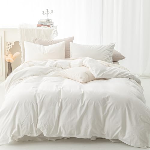 FOSSA Duvet Cover Set 100% Washed Cotton Linen Feel California King - Super Soft Breathable Lightweight & All Season Bedding Set with Hidden Zipper & 8 Corner Ties (OffWhite)
