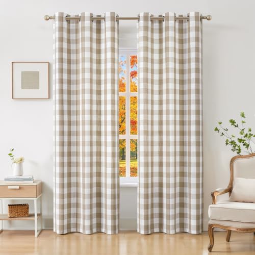 "Amzdecor Buffalo Plaid Grommet Curtains 95 Inch Length,Semi-Sheer Check Textured Curtains Drapery for Living Room Bedroom,2 Panels ???40"" x 95"",Beige/Tan & White???"