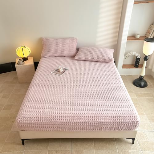 "Waffle Weave Full Fitted Sheet Deep Pocket 15"" - Ultra Soft Textured Bed Sheet with Elastic All Around - Breathable Hotel Quality Bedding, Blush Pink"
