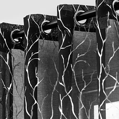 Kotile Black Silver Curtains for Bedroom Metallic Foil Tree Branch Light Filter 84 Inch Length for Living Room 52 x 84 Inch 2 Panels