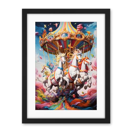 Artery8 Magical Carousel in Rainbow Clouds Bright Bold Vibrant Fantasy Kids Bedroom Baby Nursery Artwork Framed Wall Art Print 18X24 Inch