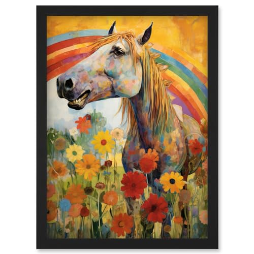 Artery8 Girls Bedroom Nursery Artwork Rainbow Horse With Flowers Bright Colourful Happy Artwork Framed Wall Art Print A4