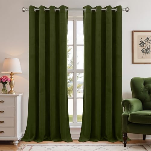 YoungsTex 96 Inches Long Olive Green Velvet Curtains for Living Room 2 Panels, Grommet Thermal Insulated Blackout Drapes Privacy for Bedroom, 52 X 96 Inch