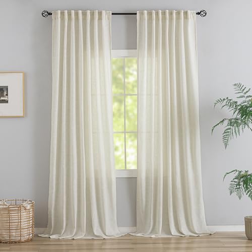 DONREN Natural Back Tab Curtains 100 Inches Long 2 Panels for High Windows -Rustic Hooks Belt Pinch Pleated Look Easy Sliding Curtains Light Filtering Semi Privacy Drapres W52 x L100