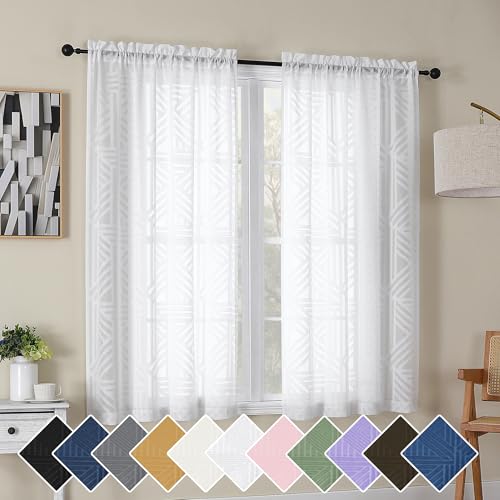 Simplebrand White Semi Sheer Curtains 45 Inch Length 2 Panels Short Semi Sheer Curtains Clip Textured Geometric Jacquard for Bedroom Panels/Drapes