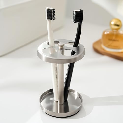 Brushed 18/8 Stainless-Steel Toothbrush Holder Stand: Rustproof Bathroom Countertop Organizer, 4 Ventilated Slots Hold Manual Toothbrushes, Razor, Toothpaste Tube, Non???Slip Compact Sink Caddy