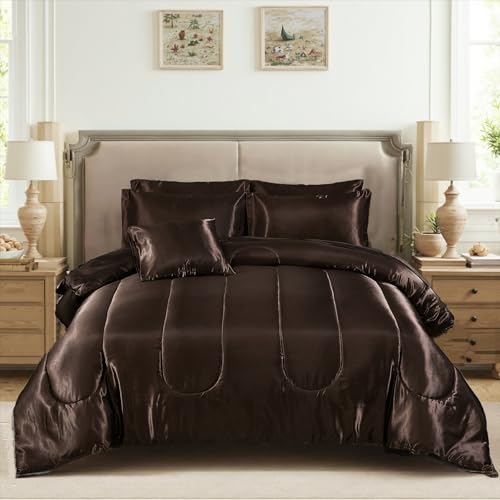 Bedding_Dreamer Silk Like Sarin Comforter Set with Sheet Set King 8 Pieces Satin Bedding Set Sexy Silky Bed-in-a-Bag Luxury Hotel Brown Comforter Set with 1 Cushion Cover Vegan Silky Bed Set