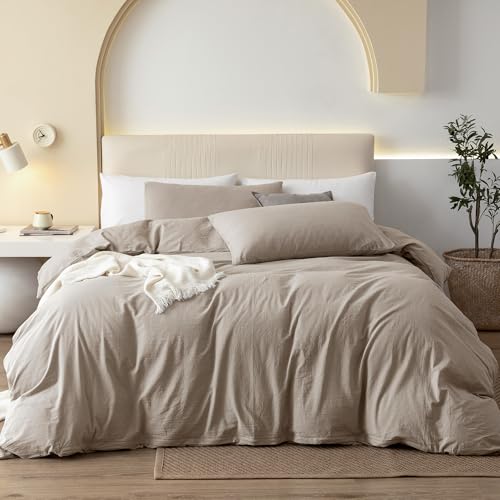 JIYUAN 100% Washed Cotton Duvet Cover Set Comfy Simple Style Soft Breathable Textured Durable Linen Feel Bedding for All Seasons Queen, Solid Tannish Linen Grey