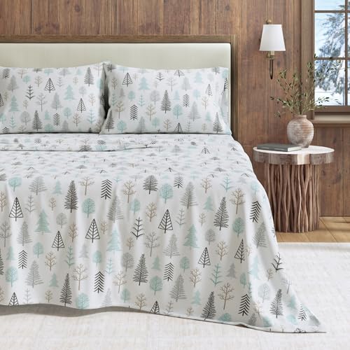Great Bay Home Flannel Sheet Set King Size - 100% Turkish Cotton, Double-Brushed, Printed Bed Sheets - Ultra-Soft, Cozy, 4-Piece Bedding Set (Winter Forest)