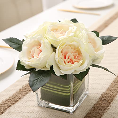 GreenHouzz Artificial Peony Silk Flower Centerpieces Faux Floral Arrangement in Glass Vase for Home Wedding Table Decoration (Champagne)