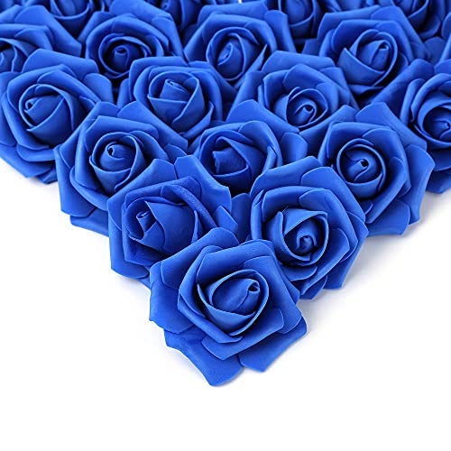 IPOPU Artificial Flowers Roses Heads, 100 Pcs Faux Flowers Real Looking Blue Foam Fake Roses for DIY Crafts Wedding Bouquets Arrangements Party Home Decorations (Royal Blue)
