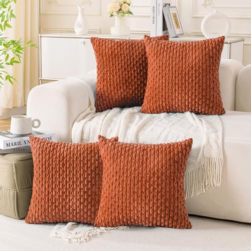 Cozoomy Set of 4 Burnt Orange Decorative Throw Pillow Covers 20x20 Inch Corduroy Pillow Covers for Bed Couch Sofa Living Room Soft Square Cushion Cases