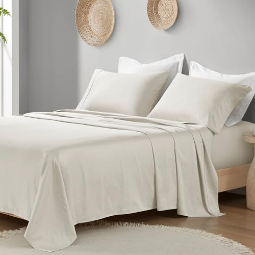 "Madison Park Organic Cotton Sheet Soft & Breathable 300TC Cotton Sheets, Elastic Deep Pocket Sheet Set Fits Up to 18"" Mattress, All Seasons, Lightweight, 100% Cotton Bed Sheets, King Ivory 4 Piece"