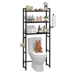 Simple Trending Over The Toilet Storage Rack with Toilet Paper Holder, Heavy Duty Metal 3 Tier Bathroom Organizer Shelf with 3 Hooks,Black