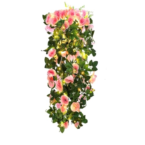 RECUTMS 2PCS Artificial Rose Garland Fake Hanging Flowers for Outdoors - 37in,with 30 LED Lights,for Home,Room,Wedding,Bridal Shower,Friendship,Valentine???s Day,Indoor Party Decor(Pink)
