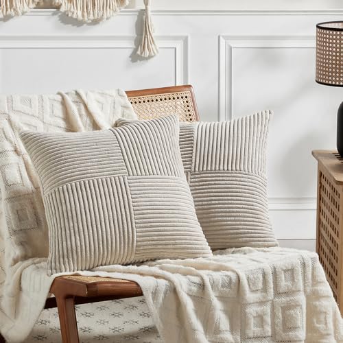 Fancy Homi 2 Packs Neutral Taupe Decorative Throw Pillow Covers 16x16 Inch for Living Room Couch Bed, Rustic Farmhouse Boho Home Decor, Soft Corss Patchwork Corduroy Textured Square Cushion Case 40cm