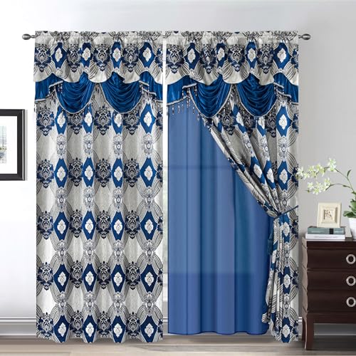 Petrichor Elegant Curtains with Gold Silver Threads 2 Panels Set - Luxury Window Treatment Attached Valance, Sheer Backing, and 2 Tie Backs for Bedroom and Living Room, 54x84 inches, Navy