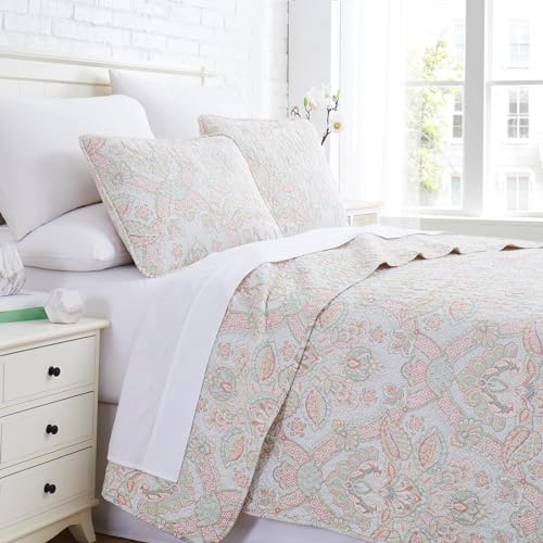Southshore Fine Living, Inc. Paisley Queen Quilt Bedding Set, Full Size Bedspread, Boho Coral Bedding, Queen Size Coverlet & 2 Matching Pillow Shams, Motel Bedspread, Coral Paisley Quilt Full Size