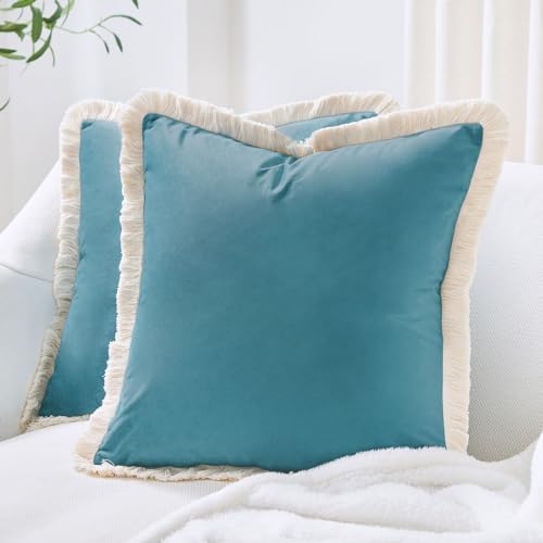 MONDAY MOOSE Decorative Throw Pillow Covers Cushion Cases, Set of 2 Soft Velvet Modern Fringe Tassel Designs, Mix and Match for Home Decor, Pillow Inserts Not Included (Teal Blue, 20x20 inch)