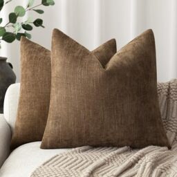 Foindtower Set of 2 Soft Textured Chenille Throw Decorative Pillow Covers Square Accent Solid Cushion Cover Cozy Neutral Farmhouse Pillow Case for Couch Sofa Bedroom Living Room 22x22 Inch,Dark Bronze