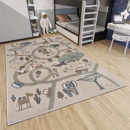 Hanse Home Adventures Children's Rug - Animal Jungle Play Mat Street Rug Boys Girls for Children's Room, Play Mat, Teenager's Room, Living Room - Brown Grey, 120 x 170 cm