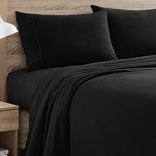 Sweet Home Collection Flannel Sheets Warm and Cozy Deep Pocket Breathable All Season Bedding Set with Fitted, Flat and Pillowcases, Queen, Black