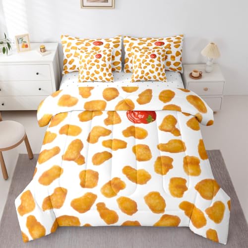 Erosebridal Chicken Nuggets Fried 7 Piece Bedding Set Twin Funny Food Comforter Set with Sheets Red Sauce Bed in A Bag Childern Boys Girls Teens Bed Sets with 2 Pillowcases, 2 Throw Pillow Covers