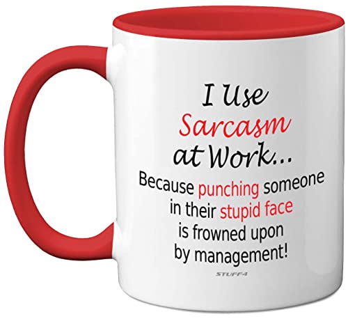 Funny Mugs, I Use Sarcasm at Work - Novelty Mugs for Colleagues, Secret Santa, Christmas Birthday Gifts, 11oz Dishwasher Safe Red Handle Mug