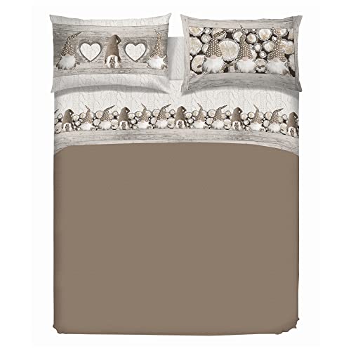 PENSIERI DELICATI Double Bed Sheet Set, 100% Cotton, 180 x 200 cm, Includes Bottom Sheet, Top Sheet and 2 Pillowcases, Made in Italy, Beige Gnome Pattern