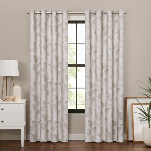 Eclipse 100% Blackout Curtain, Larissa Leaf Grommet Curtain, 84 in Long x 50 in Wide, Patterned 100% Blackout Curtain, Thermal Insulated Curtain for Living Room or Bedroom, 1 Window Curtain, Linen