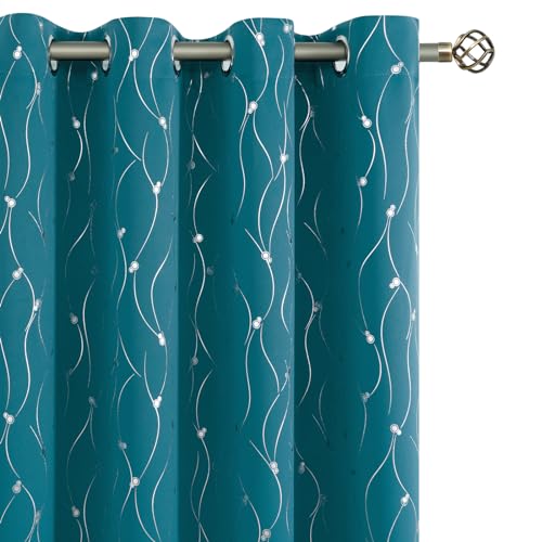 BGment Blackout Curtains 84 Inch Length 2 Panels Set Grommet Thermal Insulated Room Darkening Window Curtains with Wave Line and Dots Printed for Bedroom, 52 x 84 Inch, Peacock Blue