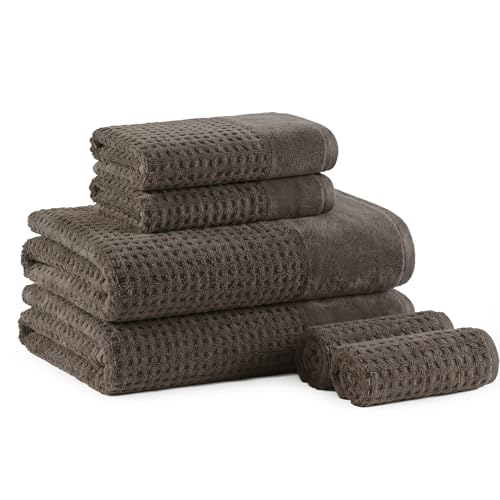 Madison Park Spa Waffle 100% Cotton Luxurious Towel Set, Premium Texture Waffle Weave, Highly Absorbent, Quick Dry, Hotel & Spa Quality Wash Clothes for Bathroom, Assorted Sizes, Charcoal 6 Piece