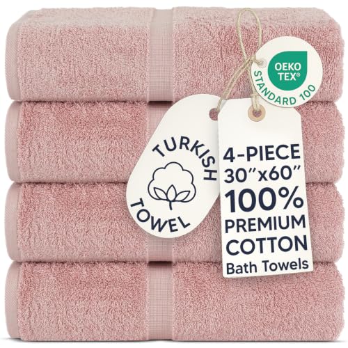 Chakir Turkish Linens 100% Cotton Premium Turkish Towels for Bathroom - 30'' x 60'' Large Bath Towels (4 Piece, Pink)