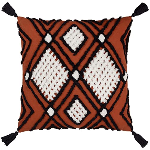 furn. Aquene Polyester Filled Cushion – Diamond Tufted Geometric Cotton Tassel Corner Pillow (Brick/Black – 50x50cm)