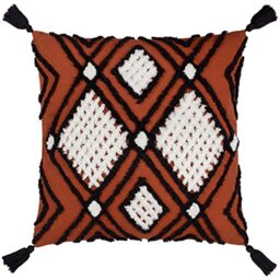 furn. Aquene Polyester Filled Cushion – Diamond Tufted Geometric Cotton Tassel Corner Pillow (Brick/Black – 50x50cm)
